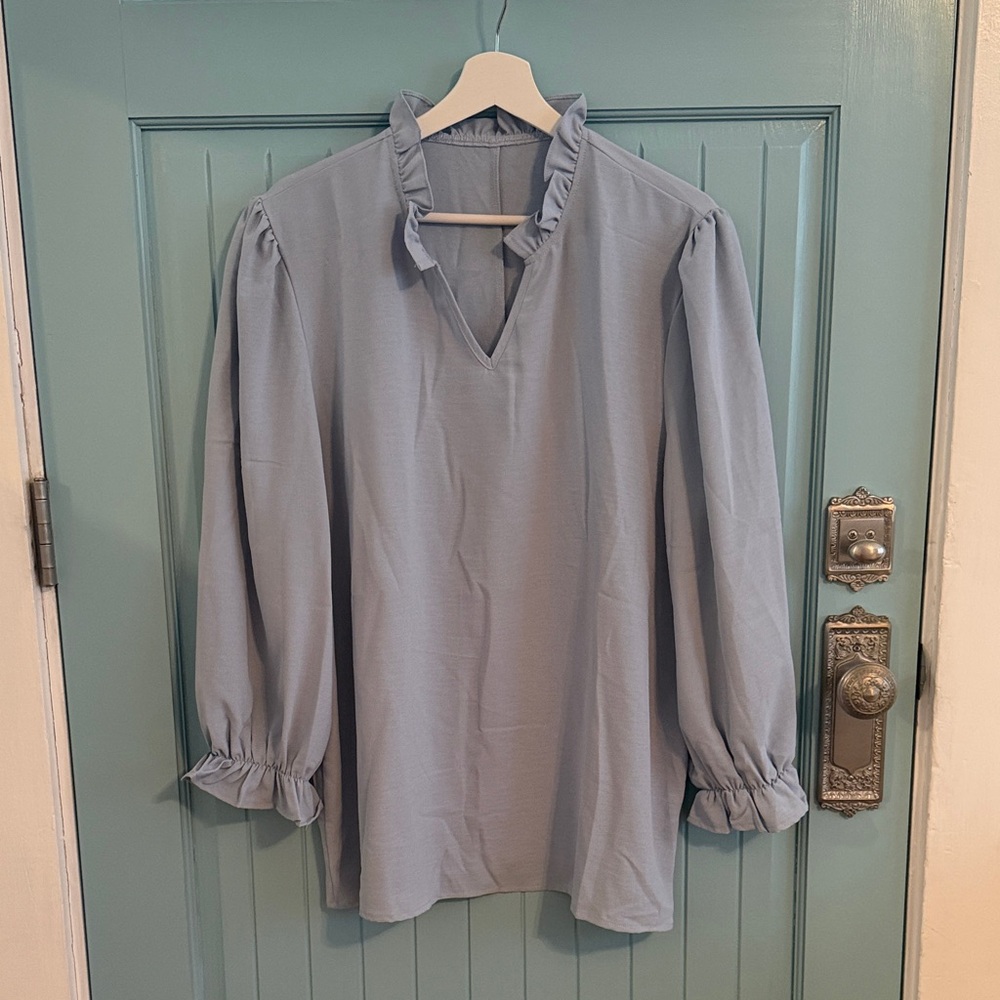 Dusty Blue Ruffle-Neck V-Notch Balloon Sleeve Blouse